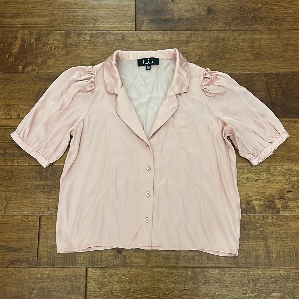 Lulus Sweet and Chic Dusty Pink Satin Button-Up Short Sleeve Top - Picture 5 of 11